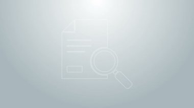 Gri arkaplanda arama simgesine sahip mavi çizgi belgesi. Dosya ve büyüteç simgesi. Analitik araştırma işareti. 4K Video hareketli grafik canlandırması