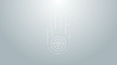 Mavi çizgi Jainizm Sembolü ya da Jain Dharma simgesi gri arka planda izole edilmiştir. Dini işaret. Ahimsa 'nın sembolü. 4K Video hareketli grafik canlandırması