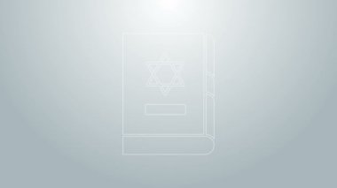 Mavi çizgi Yahudi torah kitap ikonu gri arka planda izole edildi. İncil 'in kapağında Davut Yıldızı' nın resmi var. 4K Video hareketli grafik canlandırması