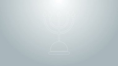 Mavi çizgi Hanuka menorah simgesi gri arkaplanda izole edildi. Geleneksel Hanuka sembolü. Tatil dini, Yahudi Işık Festivali. 4K Video hareketli grafik canlandırması