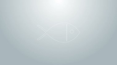 Mavi çizgi Hristiyan balık sembolü gri arkaplanda izole edilmiş. İsa 'nın balık sembolü. 4K Video hareketli grafik canlandırması