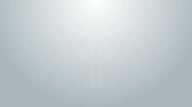 Mavi çizgi, gri arka planda izole edilmiş zincir simgesi üzerinde Hristiyan kesişiyor. Kilise haçı. 4K Video hareketli grafik canlandırması
