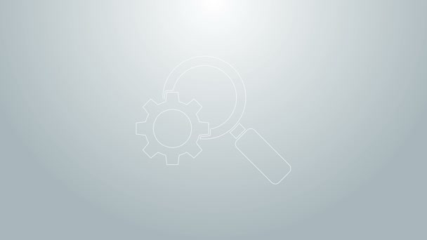 Blue line Magnifying glass and gear icon isolated on grey background. Search gear tool. Business analysis symbol. 4K Video motion graphic animation — Stock Video