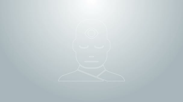 Línea azul Hombre con icono del tercer ojo aislado sobre fondo gris. El concepto de meditación, visión de la energía, aura. Animación gráfica de vídeo 4K — Vídeo de stock