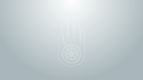 Línea azul Símbolo de Jainismo o Icono de Darma de Jain aislado sobre fondo gris. Signo religioso. Símbolo de Ahimsa. Animación gráfica de vídeo 4K — Vídeos de Stock