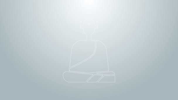 灰色の背景に隔離された瞑想のアイコンに座ってローブの青い線の仏教僧。4Kビデオモーショングラフィックアニメーション — ストック動画