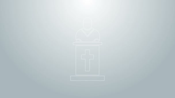 Niebieska linia Pastor kościelny głoszący ikonę odizolowany na szarym tle. 4K Animacja graficzna ruchu wideo — Wideo stockowe