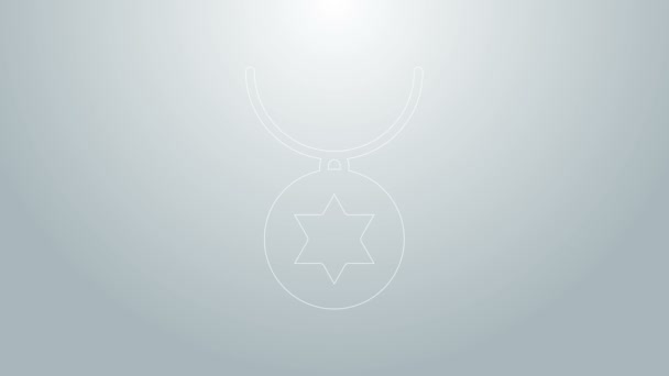 Mavi çizgi, David 'in Yıldızı kolyesi, gri arkaplanda izole edilmiş bir simge. Yahudi dini. İsrail 'in sembolü. Mücevher ve aksesuar. 4K Video hareketli grafik canlandırması — Stok video