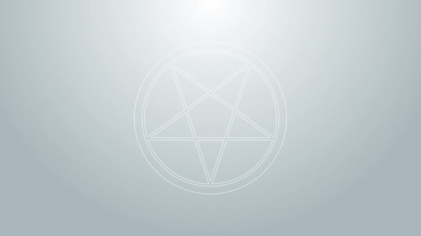 Pentagrama de línea azul en un icono de círculo aislado sobre fondo gris. Símbolo mágico de estrella oculta. Animación gráfica de vídeo 4K — Vídeo de stock
