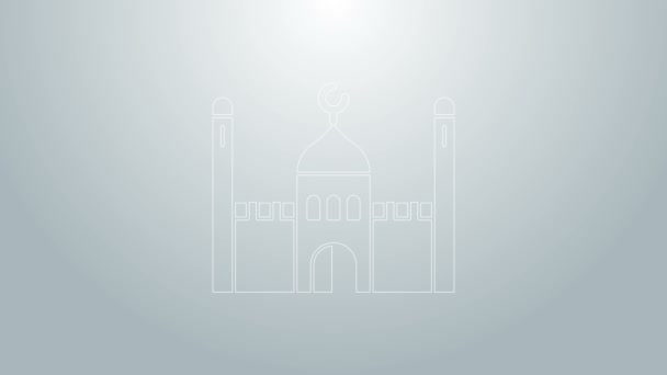 Blå linje muslimska moskén ikon isolerad på grå bakgrund. 4K Video motion grafisk animation — Stockvideo