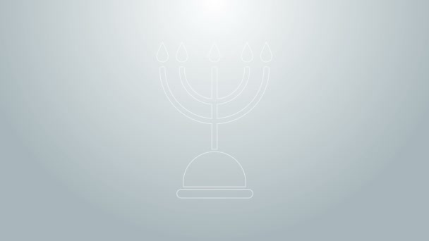 Línea azul Icono de Hanukkah menorah aislado sobre fondo gris. Hanukkah símbolo tradicional. Religión navideña, festival judío de las Luces. Animación gráfica de vídeo 4K — Vídeos de Stock
