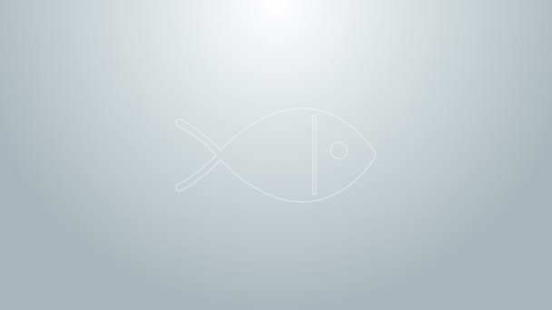 青い線灰色の背景に隔離されたキリスト教の魚のシンボルアイコン。イエス魚のシンボル。4Kビデオモーショングラフィックアニメーション — ストック動画