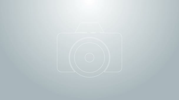 Linea blu icona della fotocamera fotografica isolata su sfondo grigio. Icona della fotocamera fotografica. Animazione grafica 4K Video motion — Video Stock