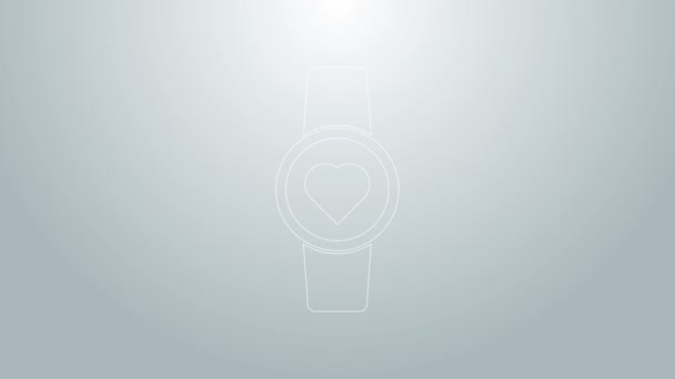Línea azul Reloj inteligente que muestra el icono de ritmo cardíaco aislado sobre fondo gris. Concepto de aplicación Fitness. Animación gráfica de vídeo 4K — Vídeo de stock