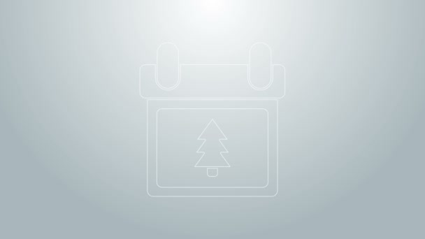 グレーの背景にツリーアイコンが隔離されたブルーラインカレンダー。イベントリマインダーシンボル。メリークリスマスとハッピーニューイヤー。4Kビデオモーショングラフィックアニメーション — ストック動画