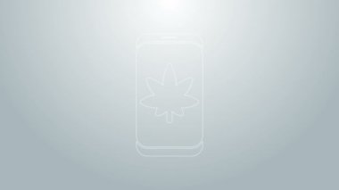 Mavi hat cep telefonu ve tıbbi marihuana veya gri arka planda izole edilmiş kenevir yaprağı ikonu. İnternetten satın alma sembolü. Süpermarket sepeti. 4K Video hareketli grafik canlandırması