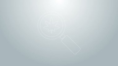 Mavi çizgi büyüteç ve tıbbi marihuana veya gri arka planda izole edilmiş kenevir yaprağı ikonu. Kenevir sembolü. 4K Video hareketli grafik canlandırması