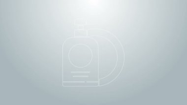 Mavi çizgi bulaşık suyu şişesi ve plaka simgesi gri arka planda izole edilmiş. Bulaşık yıkamak için sıvı deterjan. 4K Video hareketli grafik canlandırması