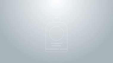 Mavi çizgi El dezenfektanı, gri arka planda izole edilmiş. Dezenfeksiyon konsepti. Yıkama jeli. Hijyen için alkol şişesi. 4K Video hareketli grafik canlandırması