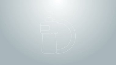Mavi çizgi bulaşık suyu şişesi ve plaka simgesi gri arka planda izole edilmiş. Bulaşık yıkamak için sıvı deterjan. 4K Video hareketli grafik canlandırması
