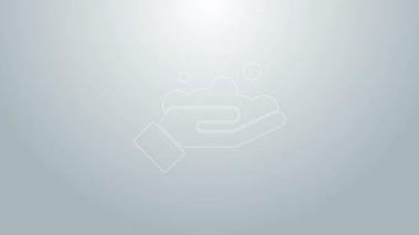 Mavi çizgi, gri arka planda sabun ikonu olan elleri yıkıyor. Virüs ve bakterileri önlemek için ellerini sabunla yıkıyorsun. 4K Video hareketli grafik canlandırması