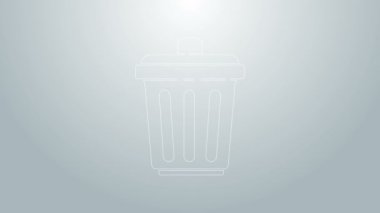 Mavi çizgi çöp kutusu simgesi gri arkaplanda izole edildi. Çöp kutusu tabelası. Sepet simgesini geri dönüştür. Ofis çöpü ikonu. 4K Video hareketli grafik canlandırması