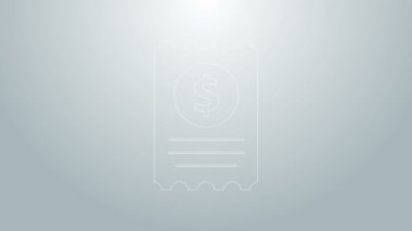 Mavi çizgi kağıt kontrolü ve mali kontrol simgesi gri arka planda izole edildi. Kağıt baskı çeki, makbuz ya da fatura. 4K Video hareketli grafik canlandırması