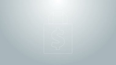 Mavi çizgi Shoping çantası ve dolar sembolü gri arka planda izole edilmiş. El çantası işareti. Kadın çanta ikonu. Kadın el çantası işareti. 4K Video hareketli grafik canlandırması