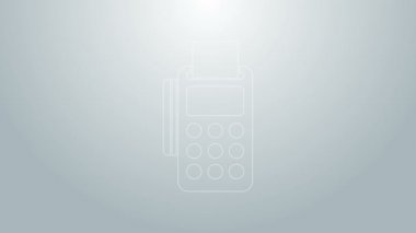 Gri arkaplanda mavi çizgi POS terminali, eklenmiş kredi kartı ve yazdırılmış alıcı simgesi var. NFC ödeme konsepti. 4K Video hareketli grafik canlandırması