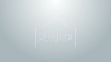 Mavi çizgi asma işareti ve gri arkaplanda izole edilmiş metin satışı simgesi. Mesaj indirimli tabela. 4K Video hareketli grafik canlandırması