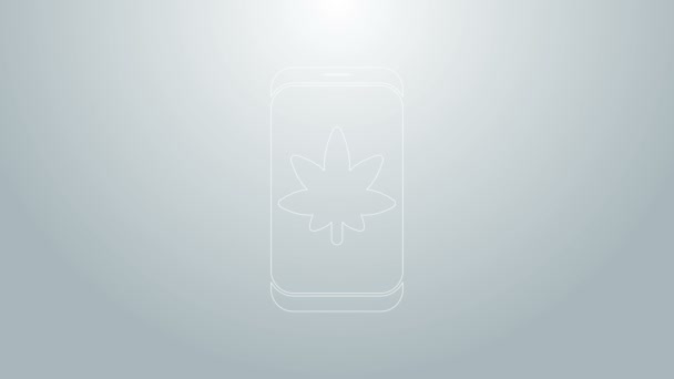 Mavi hat cep telefonu ve tıbbi marihuana veya gri arka planda izole edilmiş kenevir yaprağı ikonu. İnternetten satın alma sembolü. Süpermarket sepeti. 4K Video hareketli grafik canlandırması — Stok video