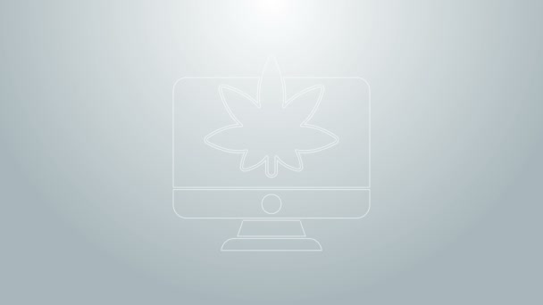 Blaue Linie Computermonitor und medizinisches Marihuana oder Cannabis Blatt Symbol isoliert auf grauem Hintergrund. Online-Einkauf. Supermarktkorb. 4K Video Motion Grafik Animation — Stockvideo