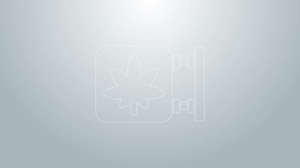 蓝色线大麻和大麻商店图标在灰色背景下隔离。吸食、储存医疗大麻的设备和配件。4K视频运动图形动画 — 图库视频影像