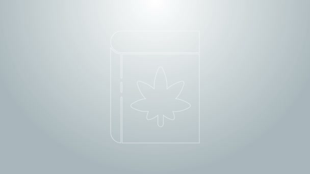 Línea azul Libro y marihuana o icono de la hoja de cannabis aislado sobre fondo gris. Un símbolo de cáñamo. Animación gráfica de vídeo 4K — Vídeo de stock