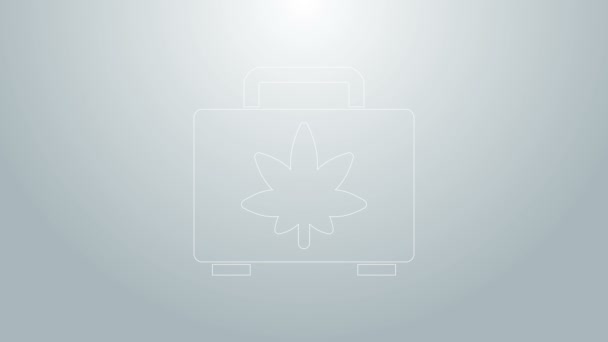 Linea blu Scatola della spesa di marijuana medica o icona di foglie di cannabis isolata su sfondo grigio. Comprare cannabis. Simbolo di canapa. Animazione grafica 4K Video motion — Video Stock