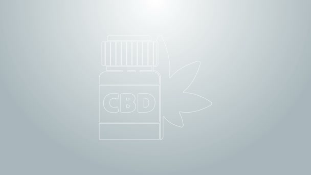 Блакитна лінія Медична пляшка з іконою листя марихуани або канабісу ізольована на сірому фоні. Збирати екстракти конопель в баночках. 4K Відео рух графічна анімація — стокове відео