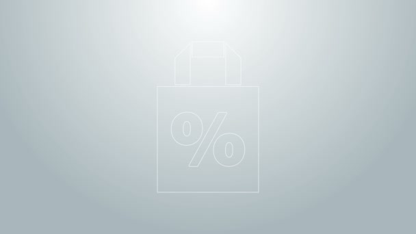 Modrá čára Nákupní taška s nápisem procentuální sleva ikona izolované na šedém pozadí. Značka kabelky. Grafická animace pohybu videa 4K — Stock video