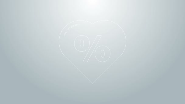 Modrá čára Sleva procenta v srdci ikona izolované na šedém pozadí. Nákupní značka. Speciální nabídková značka. Symbol slevových kupónů. Grafická animace pohybu videa 4K — Stock video