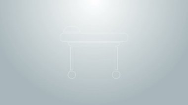 Mavi çizgi sedye simgesi gri arkaplanda izole edildi. Hastanenin tıbbi sedyesi. 4K Video hareketli grafik canlandırması