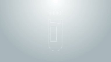 Mavi çizgi test tüpü ya da gri arka planda kan ikonu olan matara. Laboratuvar, kimyasal, bilimsel cam levha. 4K Video hareketli grafik canlandırması