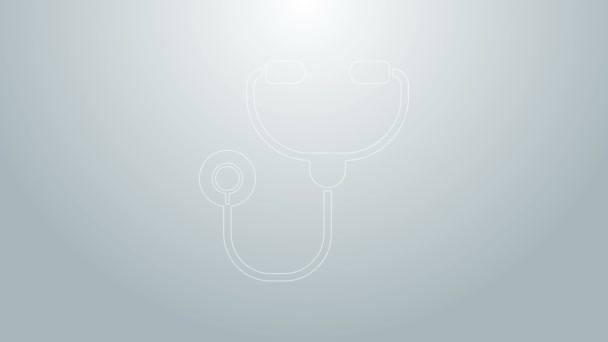 Modrá čára stetoskop lékařské nástroje ikona izolované na šedém pozadí. Grafická animace pohybu videa 4K — Stock video