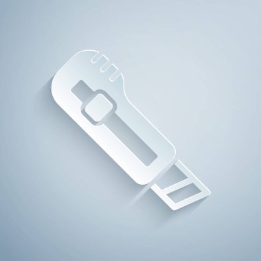 Kağıt kesiği bıçak simgesi gri arkaplanda izole edilmiş. Ofis kâğıt kesicisi. Kağıt sanatı tarzı. Vektör.