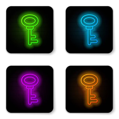 Parlayan neon hattı House anahtar simgesi beyaz arkaplanda izole edildi. Siyah kare düğme. Vektör.