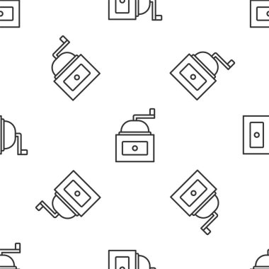 Gri çizgi manuel kahve öğütücü ikonu beyaz arka planda pürüzsüz desen izole etti. Vektör.