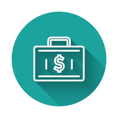 Beyaz çizgi evrak çantası ve para ikonu uzun gölgeli izole edilmiş. İş ilanı. İş portföyü. Finansal yönetim. Yeşil daire düğmesi. Vektör.