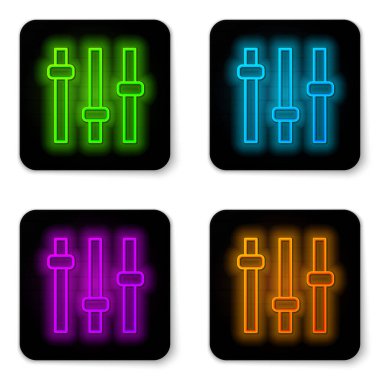 Parlayan neon hattı Müzik eşitleyici simgesi beyaz arkaplanda izole edildi. Ses dalgası. Ses dijital dengeleyici teknolojisi, konsol paneli, nabız müzikali. Siyah kare düğme. Vektör.