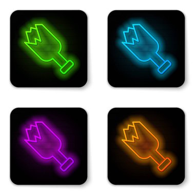 Parlayan neon hattı beyaz arka planda izole edilmiş silah ikonu olarak kırılmış şişe. Siyah kare düğme. Vektör.
