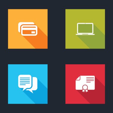 Kredi kartı, Laptop, Sohbet ve Sertifika şablon simgesini ayarla. Vektör.