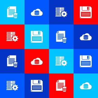 Silme dosya belgesi, Bulut veritabanı, Sunucu ayarı ve Disket disk simgesini ayarla. Vektör.