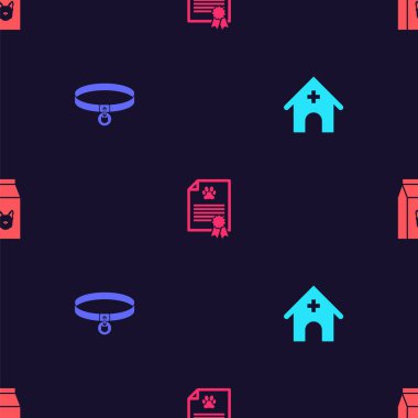 Veterinerlik hastanesi, tasma, köpek ya da kedi sertifikası ve yiyecek torbasını kusursuz bir şekilde ayarla. Vektör.